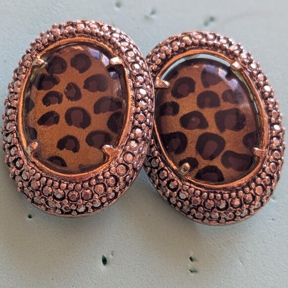 Vintage Leopard Print Earrings - Oval Rhinestone Studs - Bold Animal Print Jewel - Picture 2 of 4